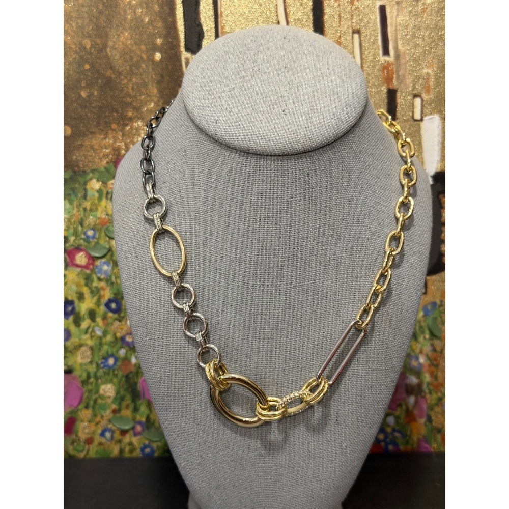 Graziano Mixed Metal Link Necklace Gold Tone Silver Tone Gunmetal Pave Accents - Picture 6 of 16